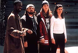 Chris Rock, Kevin Smith, Jason Mewes and Linda Fiorentino in a scene from 'Dogma'.